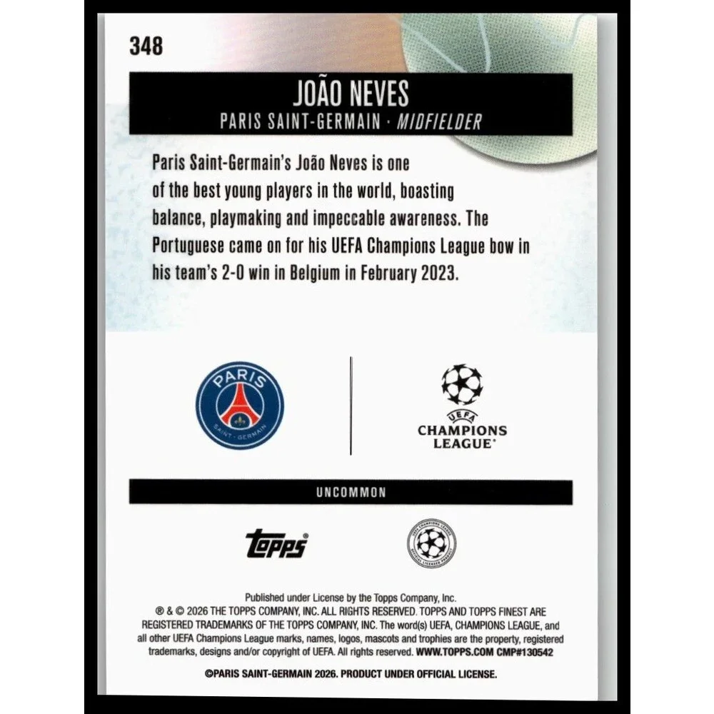 2025-26 Finest UEFA João Neves #348 Paris Saint-Germain Uncommon